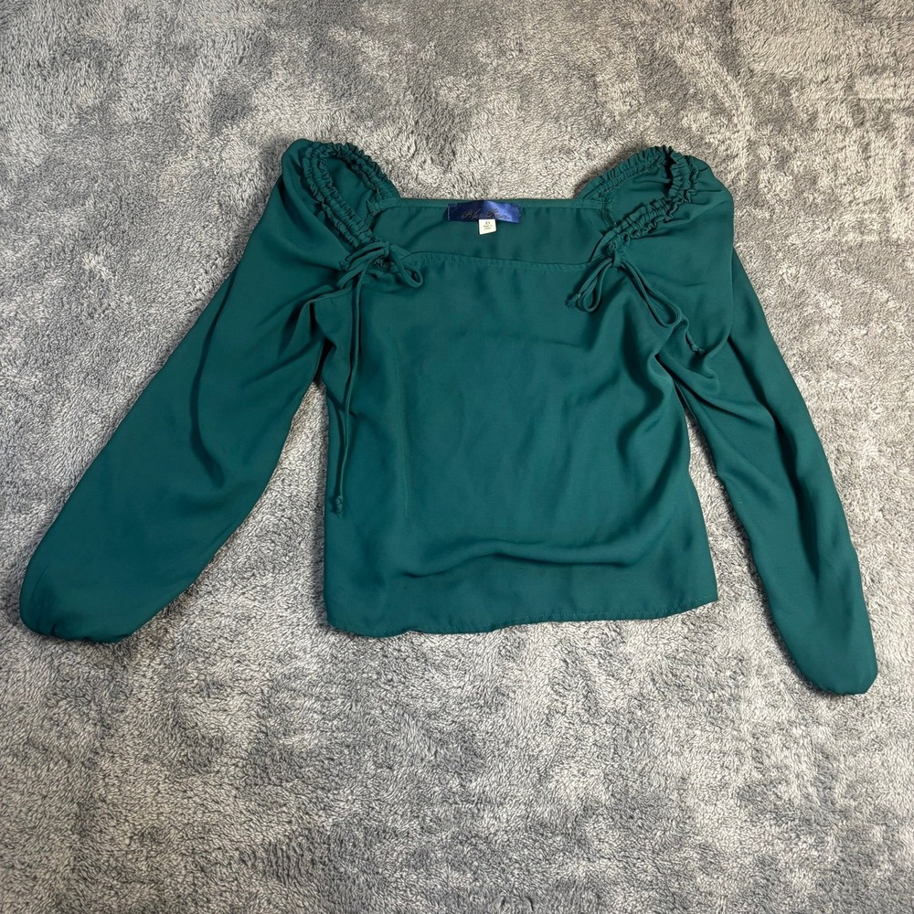 Blue Rain Forest Green Smocked Square Neck Tie Long Sleeve Blouse Top XS